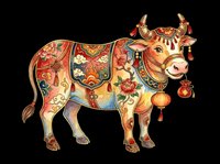 Ornately decorated cow with traditional folk art patterns, golden horns, and hanging bells isolated on transparent background. Ready for t-shirt designs, clipart, stickers, sublimation, and print-on-demand products.
