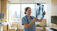 Female doctor examining chest x-ray in modern hospital office with city view. Healthcare professional analyzing medical imaging for patient diagnosis.