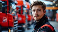 Young Caucasian male warehouse worker in black and orange uniform standing near forklift trucks in distribution center, confident professional portrait in logistics facility.