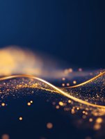 Abstract golden light wave with glowing particles and bokeh effect on dark blue background, creating magical flowing energy pattern for luxury designs.