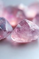 Raw rose quartz crystals in soft pink hues with natural formations and facets captured in dreamy macro photography against blurred background.