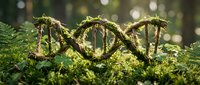 DNA double helix structure covered in moss and ferns in forest setting with natural lighting for biotechnology and environmental science concepts.