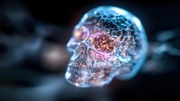 Glowing translucent crystal skull with intricate network patterns and pink-blue ethereal lighting effects against dark background, artistic conceptual design element.