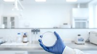Scientist in blue latex glove holding empty petri dish in modern laboratory setting with blurred equipment and countertop background for research and medical applications.