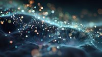 Abstract digital network with glowing particles and bokeh lights creating futuristic data visualization for technology presentations and modern designs.