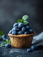 Fresh blueberries with mint leaves in rustic basket on dark slate background for healthy eating and organic food concepts.