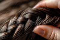 Close-up of fingers holding thick braided brown hair with natural highlights showing detailed texture and shine for beauty and haircare concepts.
