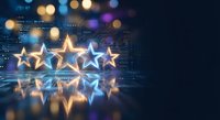 Five glowing stars with digital bokeh lights and circuit board background for rating system, feedback evaluation, and quality assessment concepts.
