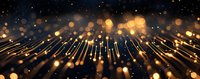 Glowing golden light rays and bokeh effect on dark background create magical festive atmosphere with sparkling particles and streaks of light.