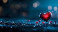 Red glittery hearts on dark blue sparkly surface with bokeh lights in background creating romantic Valentine's Day or love concept atmosphere.
