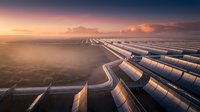 Aerial view of vast solar panel arrays stretching across desert landscape at golden hour, showcasing renewable energy infrastructure and sustainable power generation technology.