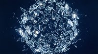 Shattered glass sphere exploding into fragments on dark blue background. Abstract destruction concept for digital art and creative projects.
