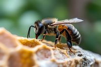 Honeybee collecting nectar from golden honeycomb in natural outdoor setting. Close-up macro photography showcasing pollinator behavior and beekeeping industry.