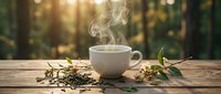 Steaming white coffee cup on rustic wooden table with scattered beans and autumn leaves, warm golden sunlight filtering through blurred forest background.