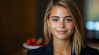 Young Caucasian businesswoman with blonde hair and confident smile wearing black blazer in office setting, natural lighting creates warm professional atmosphere.