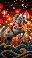 Gray horse with red harness leaping through festive scene with red lanterns and golden coins for lunar new year celebration and prosperity themes.