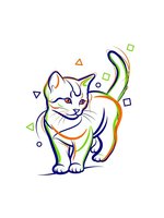 Colorful line art cat with rainbow outline and geometric shapes on white background for creative design projects.