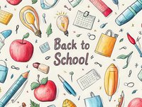 Watercolor back to school seamless pattern with red apples, light bulbs, pencils and educational supplies on beige background. Hand drawn style repeats.