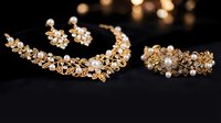 Elegant gold wedding jewelry set with pearls and crystals including tiara, necklace, earrings and bracelet on dark background for bridal accessories.
