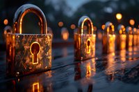 Row of vintage brass padlocks on wet surface reflecting warm evening lights, creating romantic atmosphere with bokeh effect in background. Security concept.