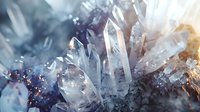 Translucent quartz crystal formation with sharp points emerging from dark rock base, illuminated with soft light creating mystical atmosphere and rainbow reflections.