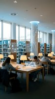 Modern university library interior with diverse students studying at wooden tables with warm desk lamps, floor-to-ceiling windows and bookshelves.
