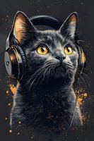 Black cat with bright yellow eyes wearing headphones against dark background with orange paint splatter accents, artistic pet portrait illustration.