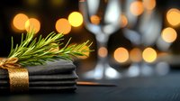 Fresh rosemary sprig on folded black napkin with gold ribbon against blurred bokeh lights background, elegant table setting for festive dining.