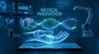 Digital DNA helix floating above open hands emerging from tablet screen in futuristic medical laboratory with holographic displays and innovation technology.