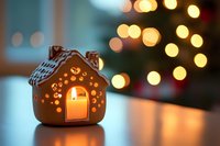 Glowing ceramic house lantern with warm candlelight inside against blurred Christmas lights background creates cozy festive atmosphere.