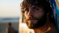 Young Caucasian man with curly dark hair and full beard gazing thoughtfully at sunset, warm golden light illuminating his face, ocean and beach background, lifestyle portrait.