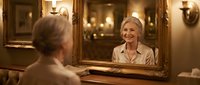 Senior Caucasian woman with blonde hair smiling at her reflection in ornate gold-framed mirror in elegant interior with warm lighting and classic decor.