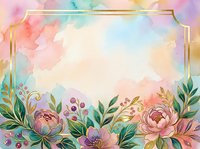 Watercolor floral frame with pastel peonies, gold border, and colorful botanical elements on soft rainbow background for wedding or greeting card.
