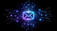 Digital email communication concept with glowing circuit board pattern and electronic pathways on dark background for technology designs.