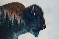 Artistic double exposure portrait combining majestic American bison head with misty pine forest landscape at sunset, creating mysterious wildlife photography effect.