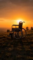 Silhouette of empty wheelchair in open field during golden sunset, symbolizing hope, recovery, and accessibility for medical and wellness campaigns.