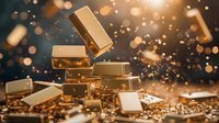 Shiny gold bars scattered with sparkling golden particles against dark background, dramatic lighting creates luxury atmosphere for financial and wealth concepts.