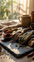 Rustic kitchen scene with wooden spoons filled with colorful spices and herbs on dark slate board. Warm natural lighting creates cozy cooking atmosphere.