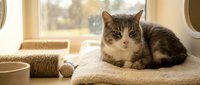 Adorable tabby kitten with white markings resting on cozy blanket near sunny window. Cute domestic cat relaxing indoors with warm natural lighting.