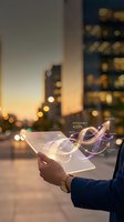Businessman holding tablet with glowing digital analytics overlay showing growth and efficiency metrics against urban cityscape at dusk for business technology and data visualization concepts.
