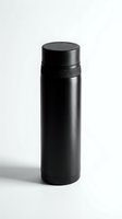 Black cylindrical insulated water bottle with screw-top lid and textured grip band, isolated on white background for product mockup and packaging design.