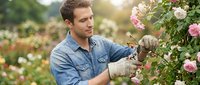 Young man in denim shirt and work gloves tending to blooming roses in garden, harvesting pink flowers outdoors for floristry or gardening business.