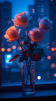 Glowing coral roses in glass vase against blue night window with bokeh lights creating romantic atmosphere, perfect for Valentine's Day or anniversary designs.