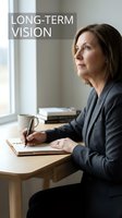 Professional middle-aged Caucasian businesswoman writing strategic plans at office desk, contemplating future goals and long-term vision for corporate success.