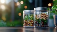 Glass storage jars filled with coffee beans and nuts on wooden counter with soft bokeh lights and green plants in background, creating cozy kitchen atmosphere.