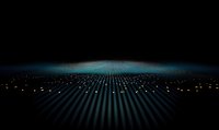 Abstract digital landscape with glowing blue light grid extending to horizon against dark background, creating futuristic perspective and depth effect.