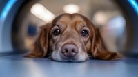 Close up portrait of brown dachshund dog with sad eyes resting head on floor, looking up through wide angle lens creating dramatic pet photography effect.