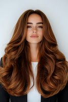 Young woman with luxurious wavy brown hair, natural makeup, and white top against light background. Professional hairstyling and beauty concept.