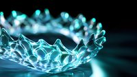 Liquid crown splash frozen in time with glowing turquoise blue light effect against dark background, creating dramatic high-speed photography effect.