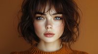 Young woman with blue eyes and dark wavy bob haircut wearing orange sweater against brown background, natural makeup look and full lips for beauty and fashion content.